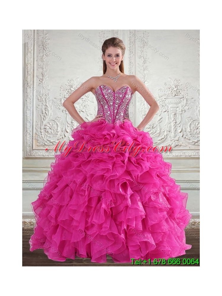 2015 Sweetheart Hot Pink Sweet 16 Dresses with Beading and Ruffles