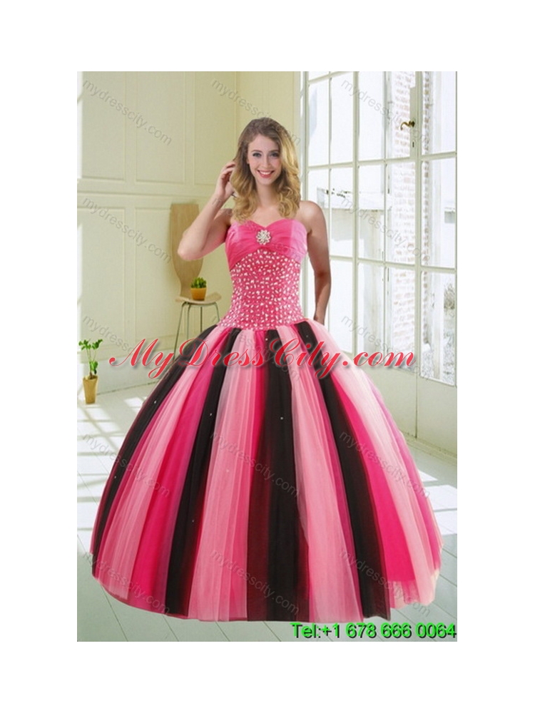 2015 Feminine Beading Best Quince Dresses in Multi Color