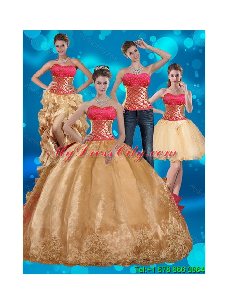 2015 Gold Strapless Best Quince Dress with Beading and Embroidery
