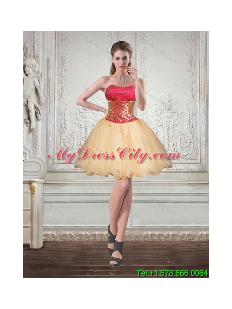 2015 Gold Strapless Best Quince Dress with Beading and Embroidery