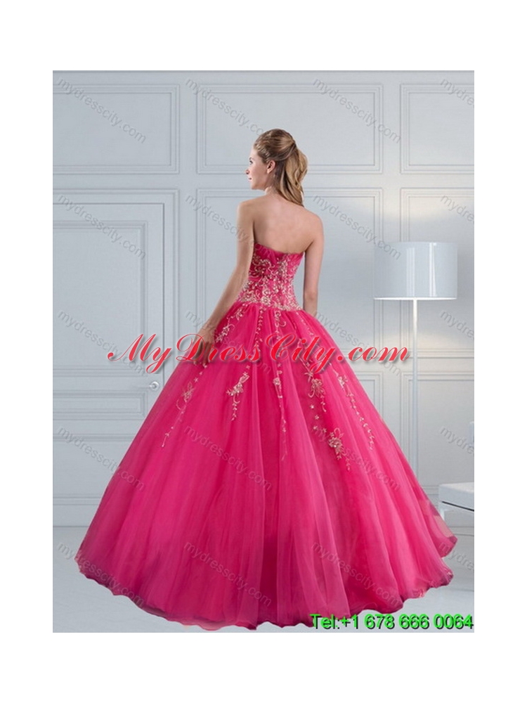 2015 Perfect Sweetheart Hot Pink Classic Quinceanera Dress with Appliques and Beading