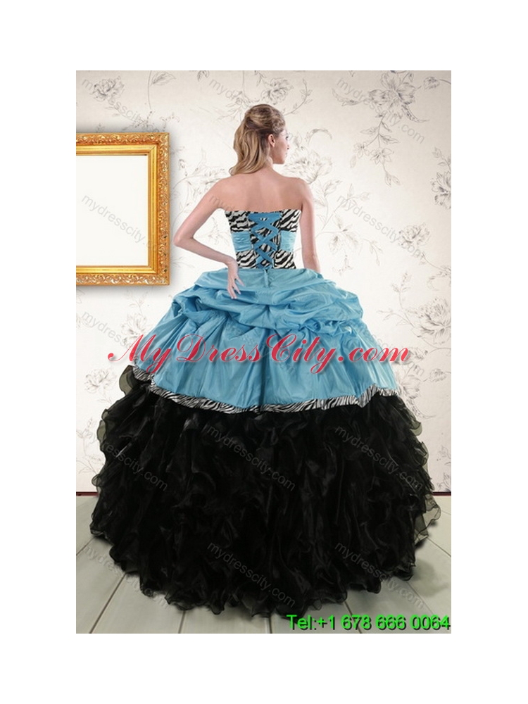 2015 Zebra Print Multi Color Strapless Best Quinceanera Dresses with Ruffles and Pick Ups