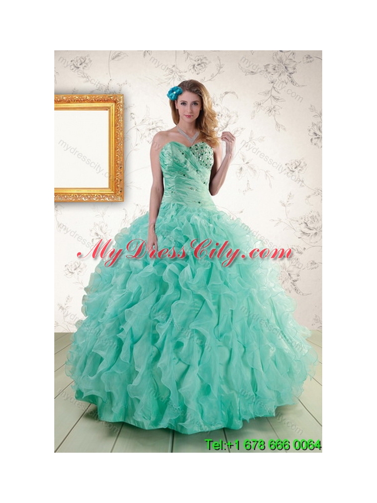 Newest Apple Green Best Quince Dresses with Beading and Ruffles for 2015