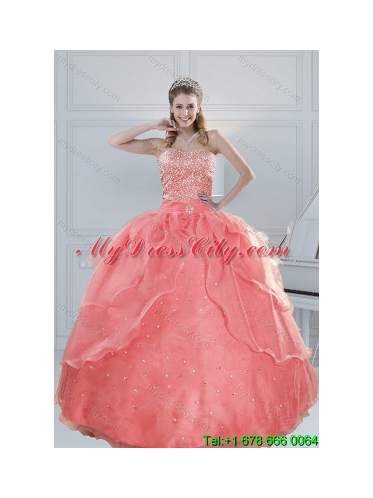 2015 Fabulous Watermelon Classic Quinceanera Dresses with Beading
