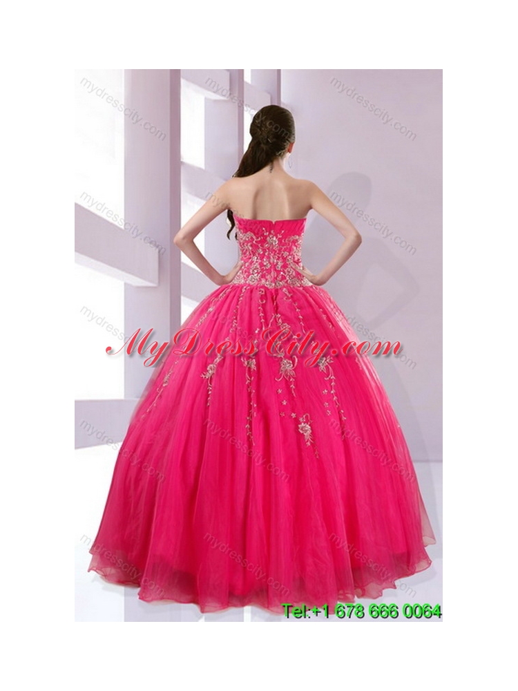 2015 Fshionable Strapless Hot Pink Classic Quince Dresses with Appliques