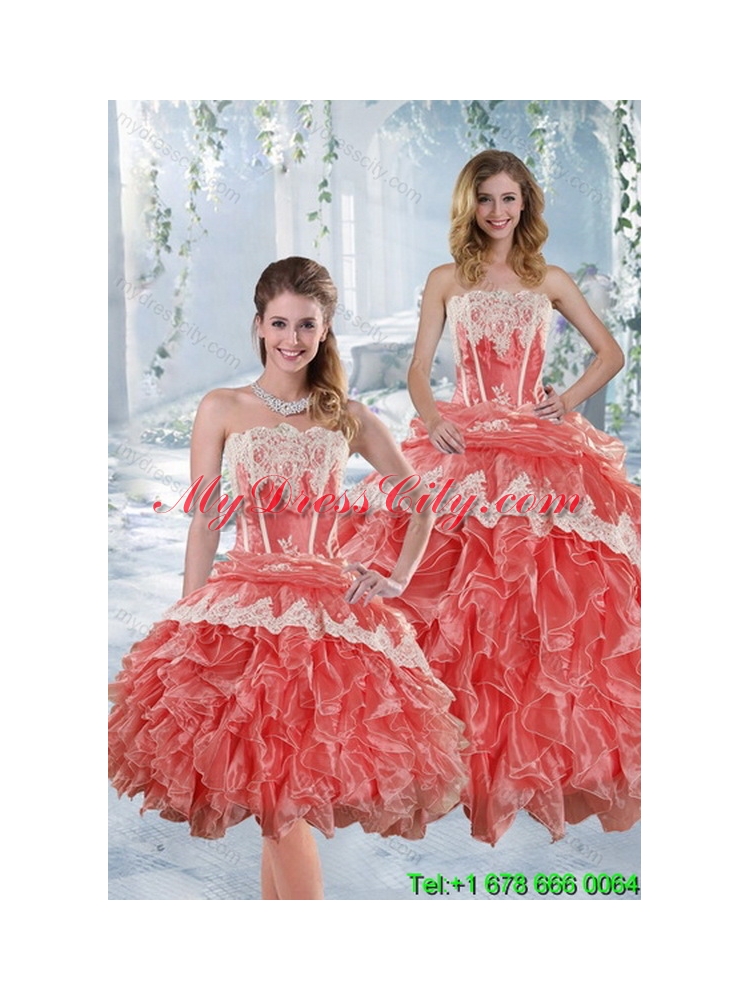 2015 New Style Strapless Appliques and Ruffles Classic Quinceanera Dresses in Watermelon