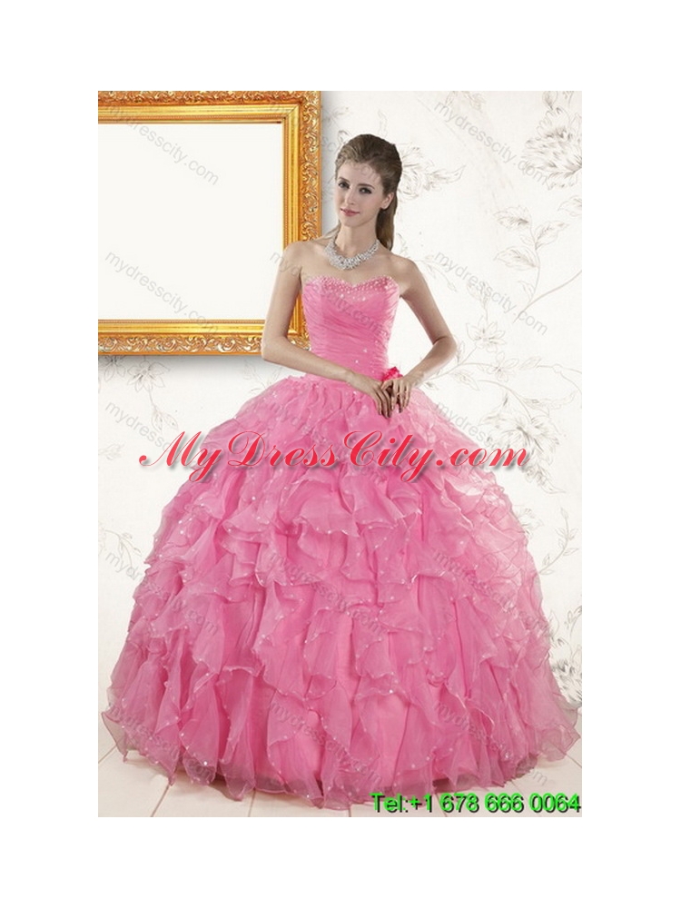 2015 Pretty Baby Pink Beading and Ruffles Classic Quinceanera Dresses
