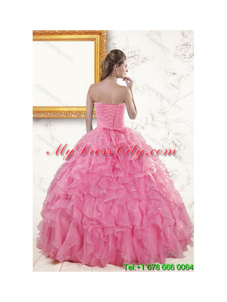 2015 Pretty Baby Pink Beading and Ruffles Classic Quinceanera Dresses