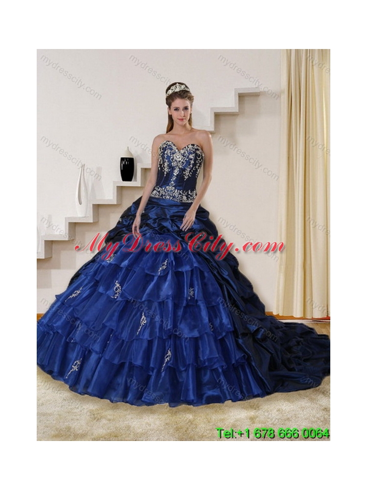 Navy Blue Sweetheart Classic Quinceanera Dress with Embroidery and Ruffles