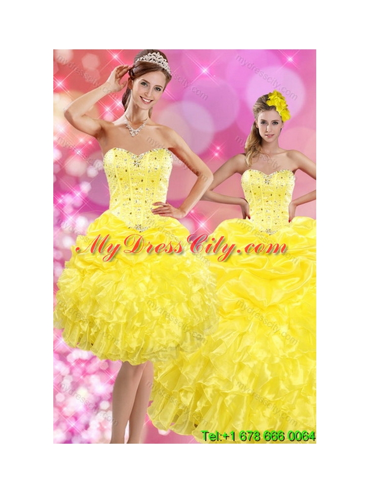 2015 Sweetheart Unique Yellow Sweet 15 Dresses with Beading and Ruffles