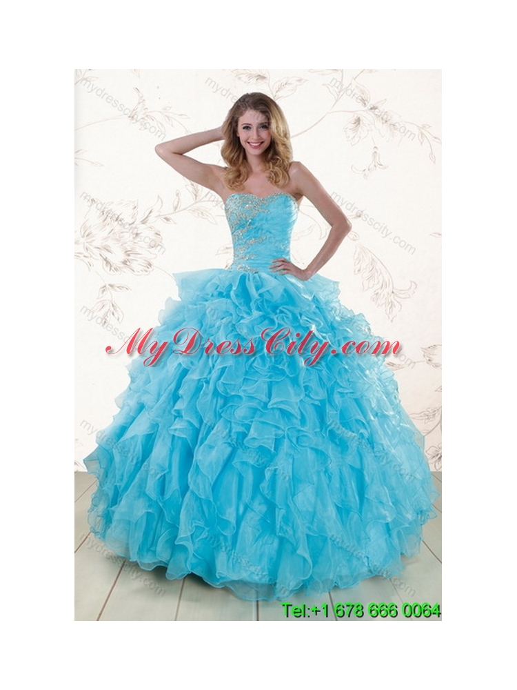 Unique 2015 Beautiful Baby Blue Sweet 16 Dresses with Beading and Ruffles