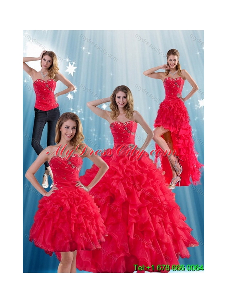 Unique Red Strapless Quinceanera Dress with Ruffles and Beading