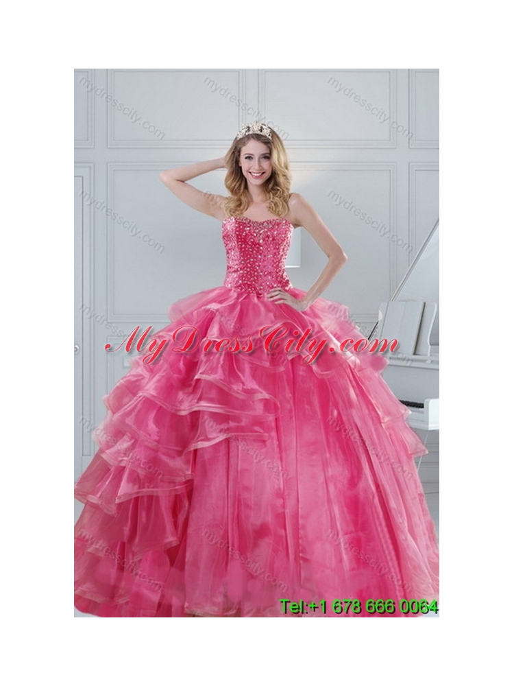 2015 Gorgeous Pink Strapless Sweet 15 Unique Dresses with Beading and Ruffles