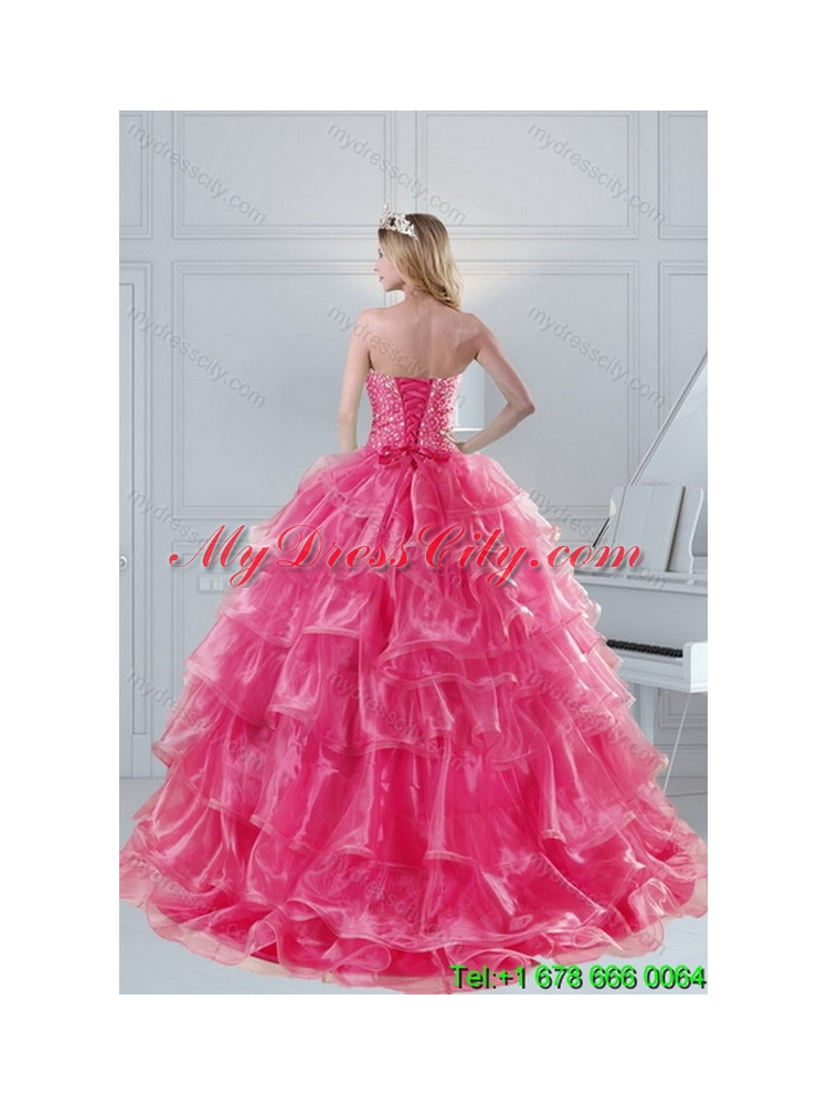 2015 Gorgeous Pink Strapless Sweet 15 Unique Dresses with Beading and Ruffles