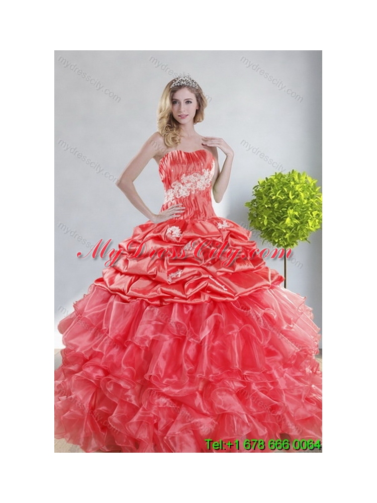 2015 Top Seller Watermelon Red Unique Quince Dresses with Appliques and Ruffles