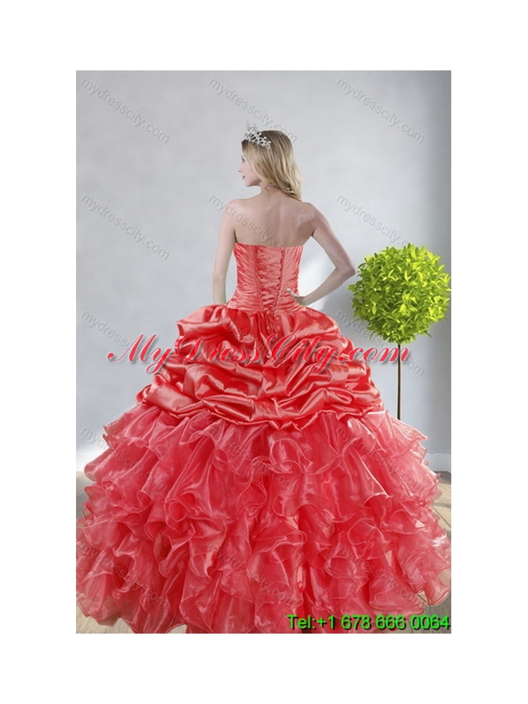 2015 Top Seller Watermelon Red Unique Quince Dresses with Appliques and Ruffles