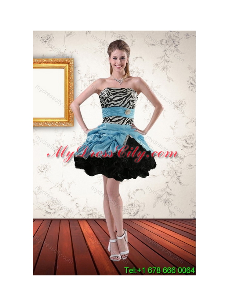 Unique Zebra Print Strapless Multi Color Sweet 15 Dresses with Ruffles and Pick Ups