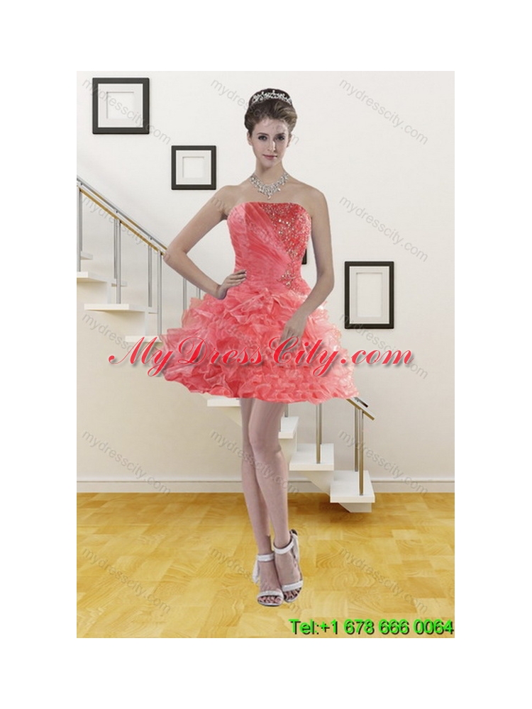 2015 Designer Watermelon Sweet 15 Dresses with Beading and Ruffles