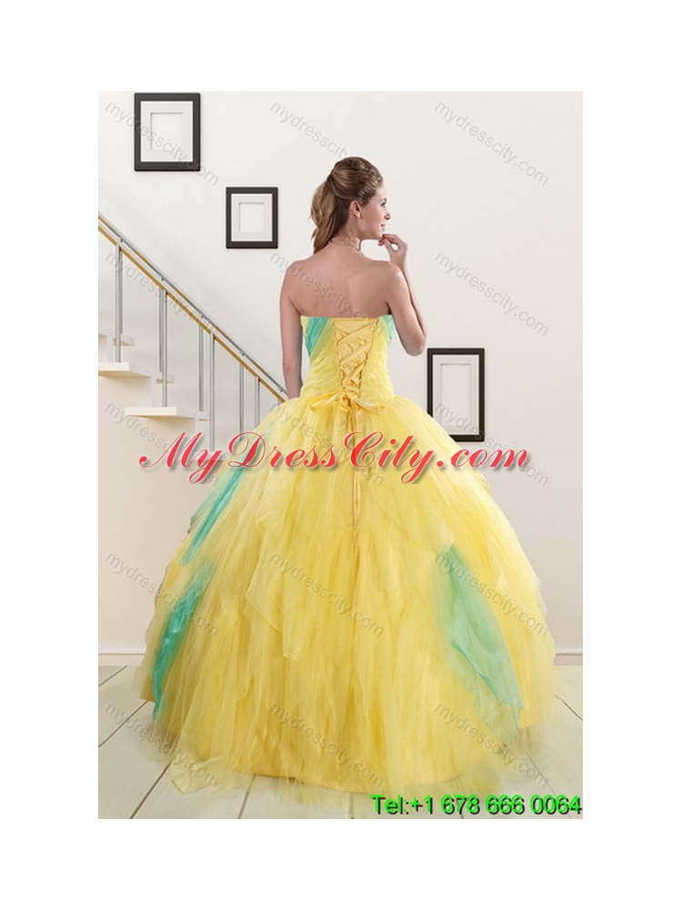 Designer 2015 Strapless Yellow and Green Sweet 15 Dresses with Ruching