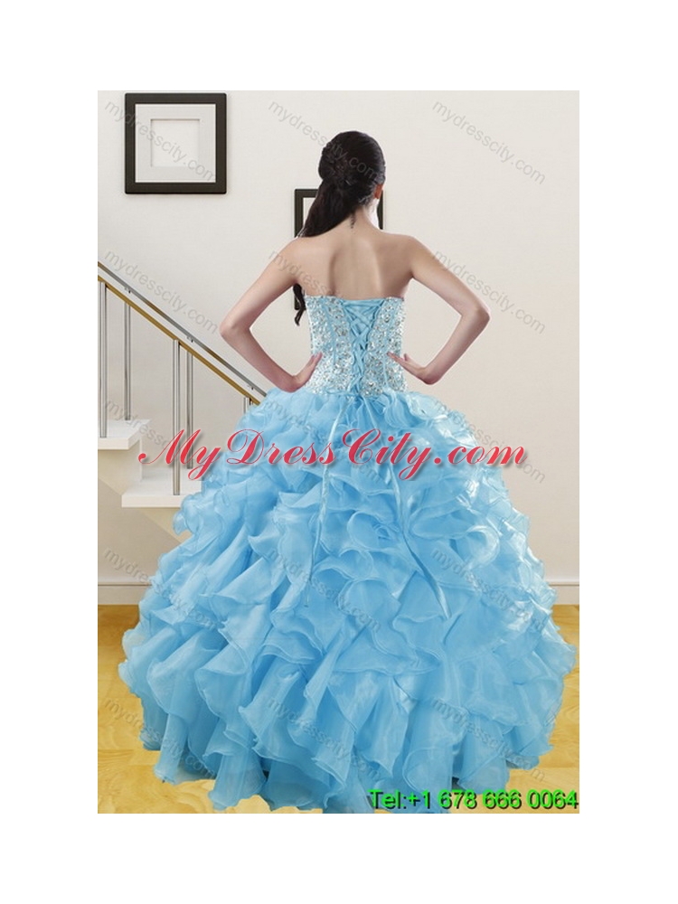 Designer Ruffles and Beading Baby Blue Quince Dresses for 2015