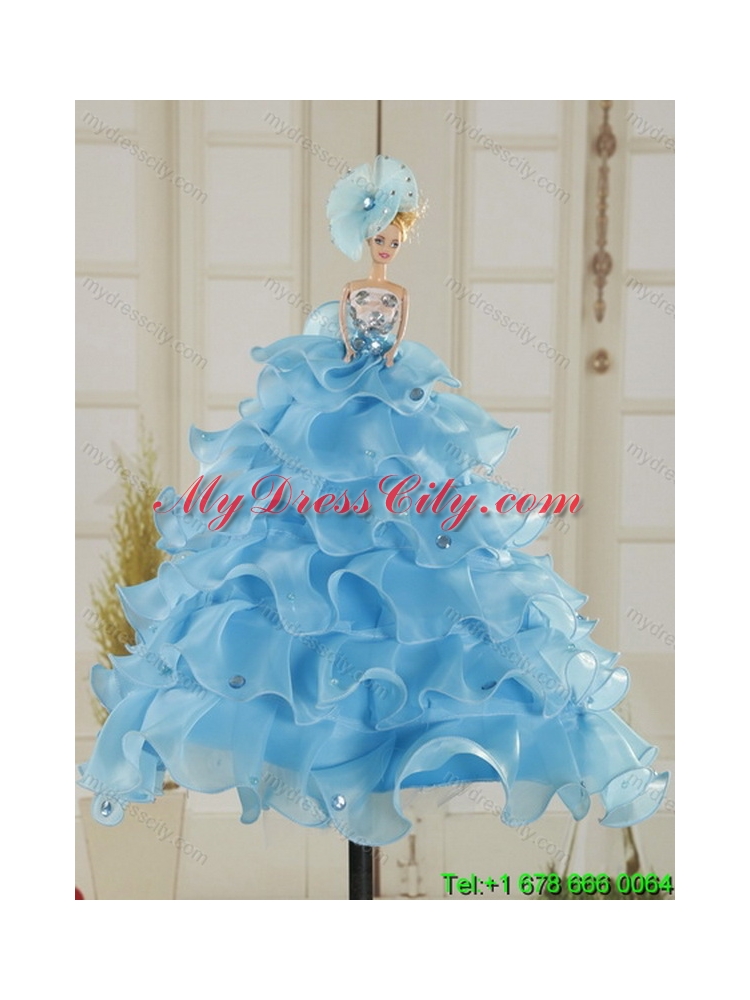 Designer Ruffles and Beading Baby Blue Quince Dresses for 2015