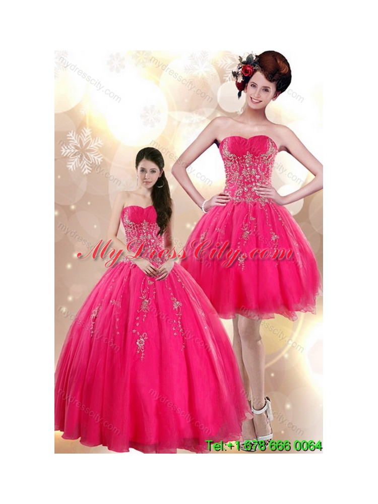 Detachable Strapless Floor Length Quinceanera Skirts with Appliques in Hot Pink