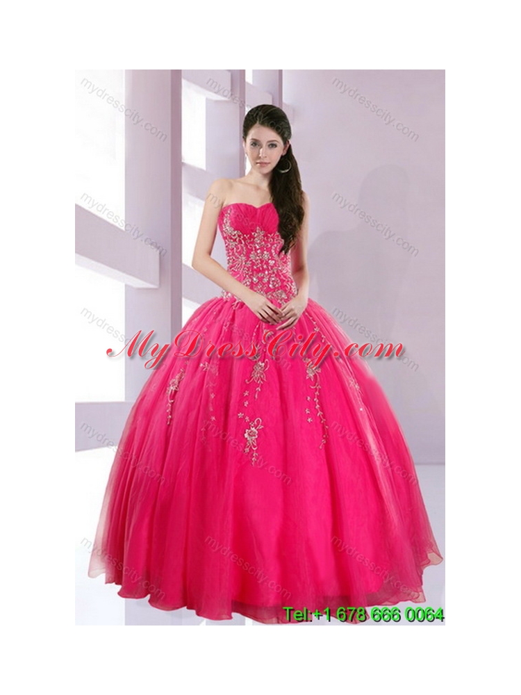 Detachable Strapless Floor Length Quinceanera Skirts with Appliques in Hot Pink