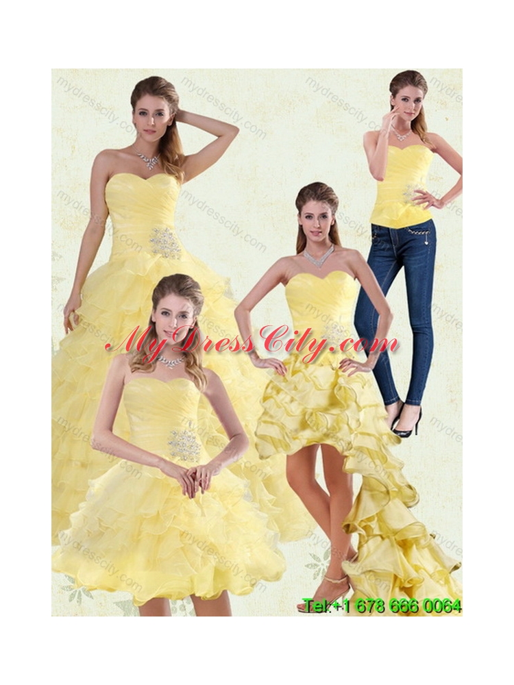 Detachable Yellow Beaded and Ruffled Sweetheart Quinceanera Dress for 2015