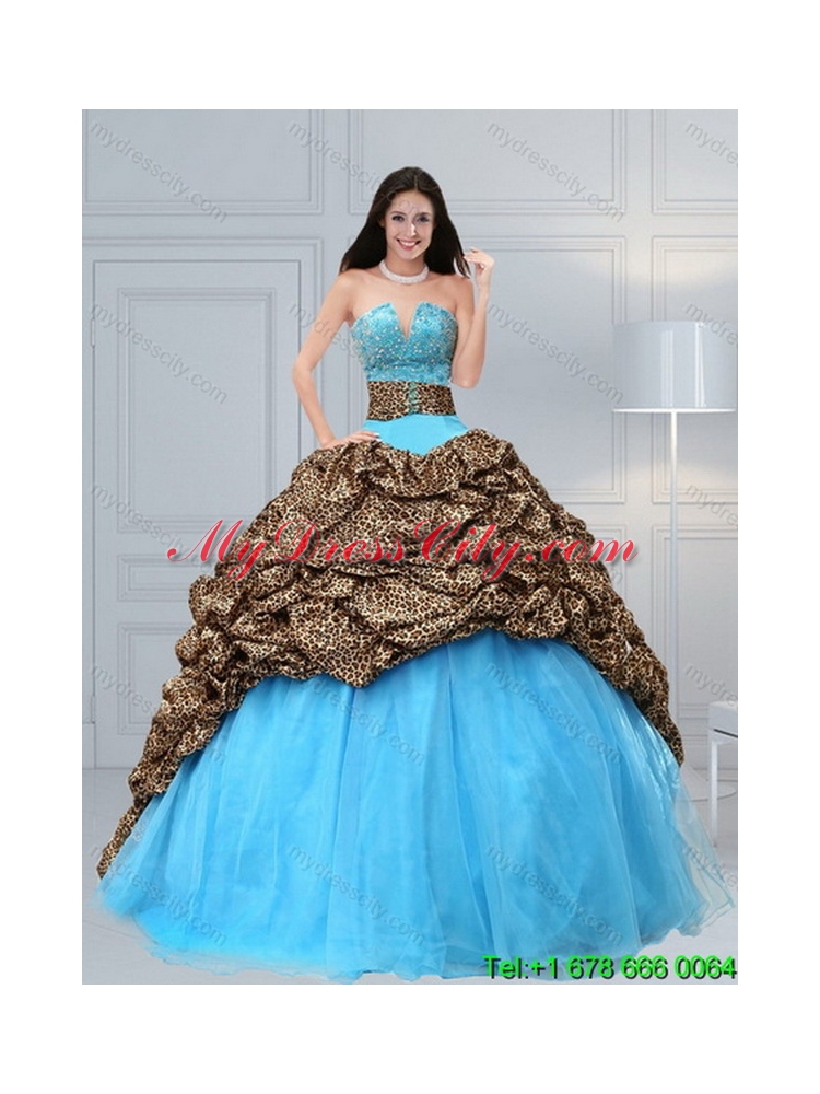2015 Detachable Leopard Printed Baby Blue Brush Train Beading Quinceanera Skirts