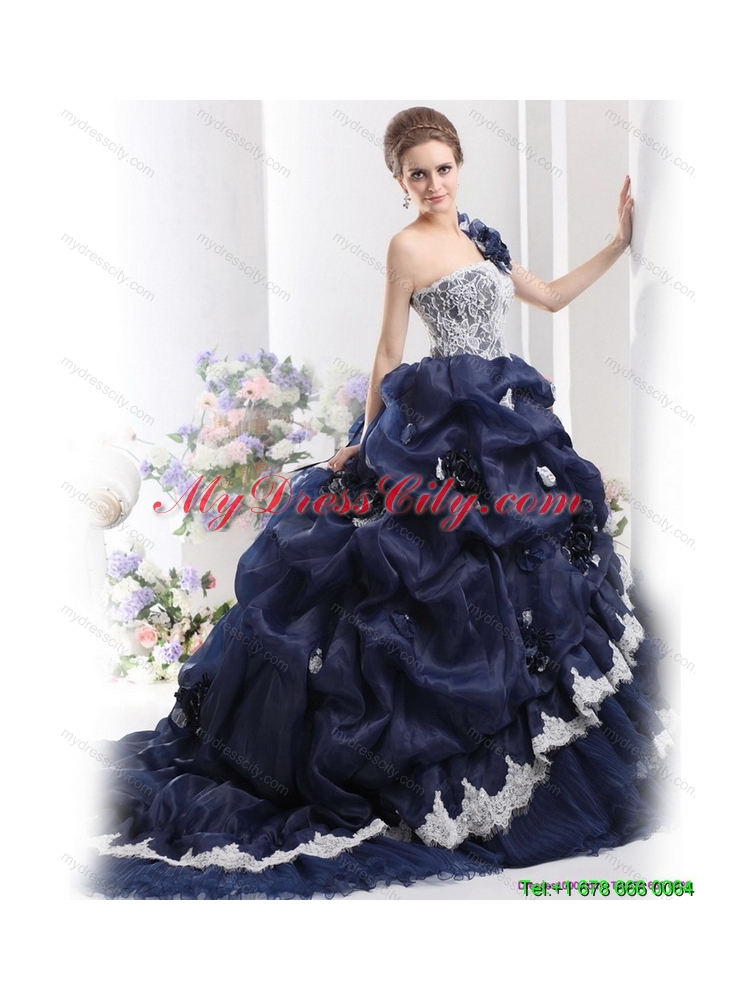 2015 Latest One Shoulder Ruffles Quinceanera Dresses with Hand Made Flowers and Pick Ups