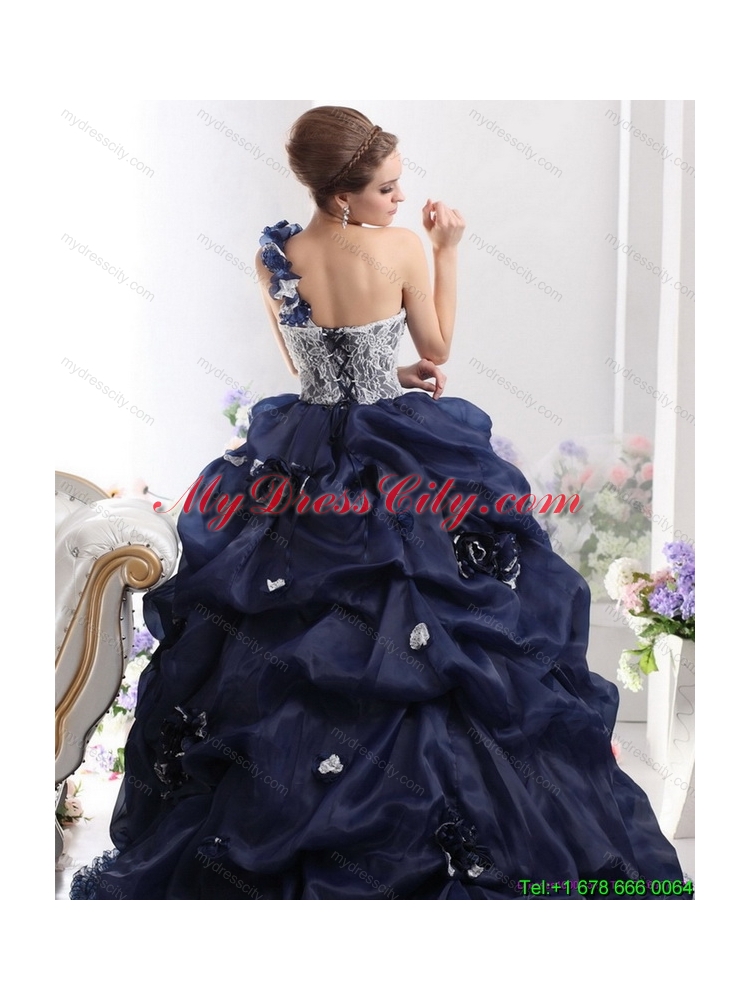 2015 Latest One Shoulder Ruffles Quinceanera Dresses with Hand Made Flowers and Pick Ups