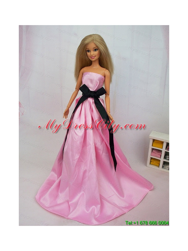 Luxurious Rose Pink Sash With Party Dress For Barbie Doll