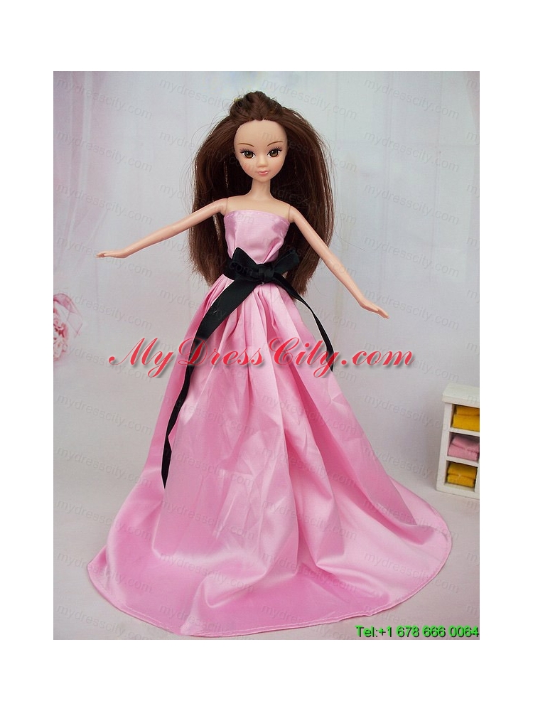 Luxurious Rose Pink Sash With Party Dress For Barbie Doll