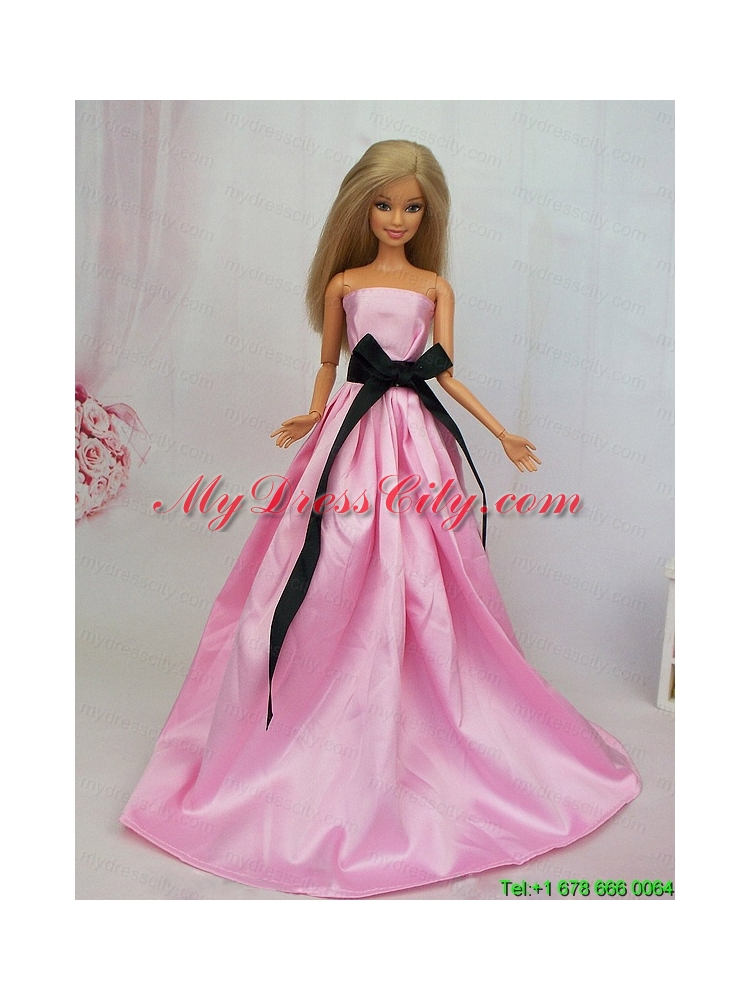 Luxurious Rose Pink Sash With Party Dress For Barbie Doll