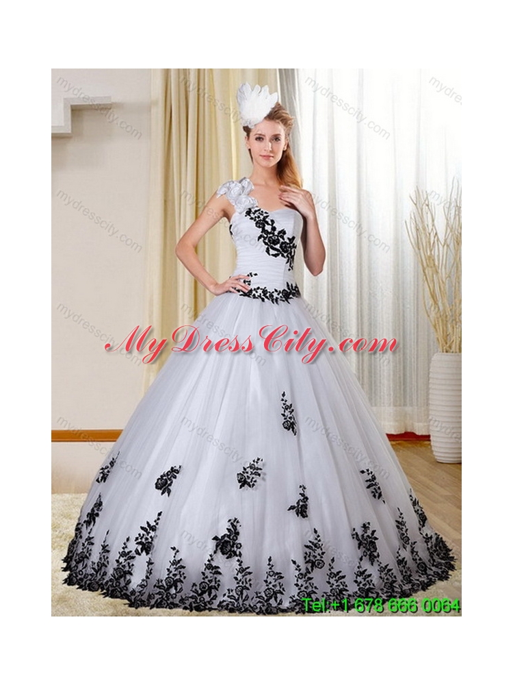2015 Elegant One Shoulder Sweetheart White and Black Quinceanera Dress with Appliques