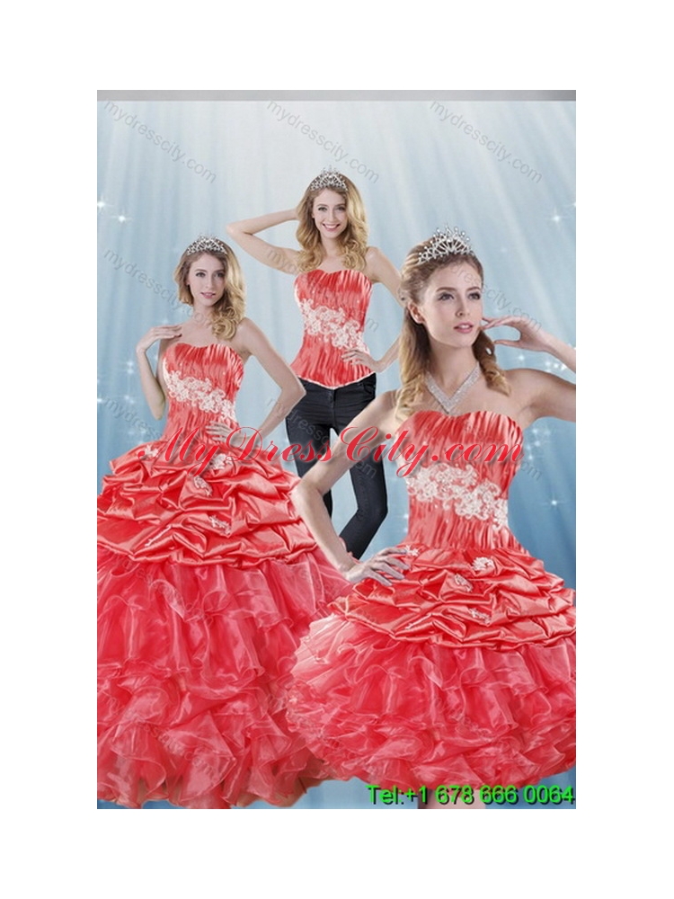 2015 Elegant Watermelon Red Quinceanera Dresses with Appliques and Ruffles