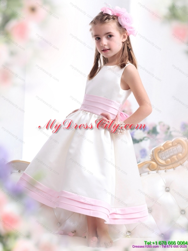 Latest White Scoop Flower Girl Dress with Light Pink Bownot