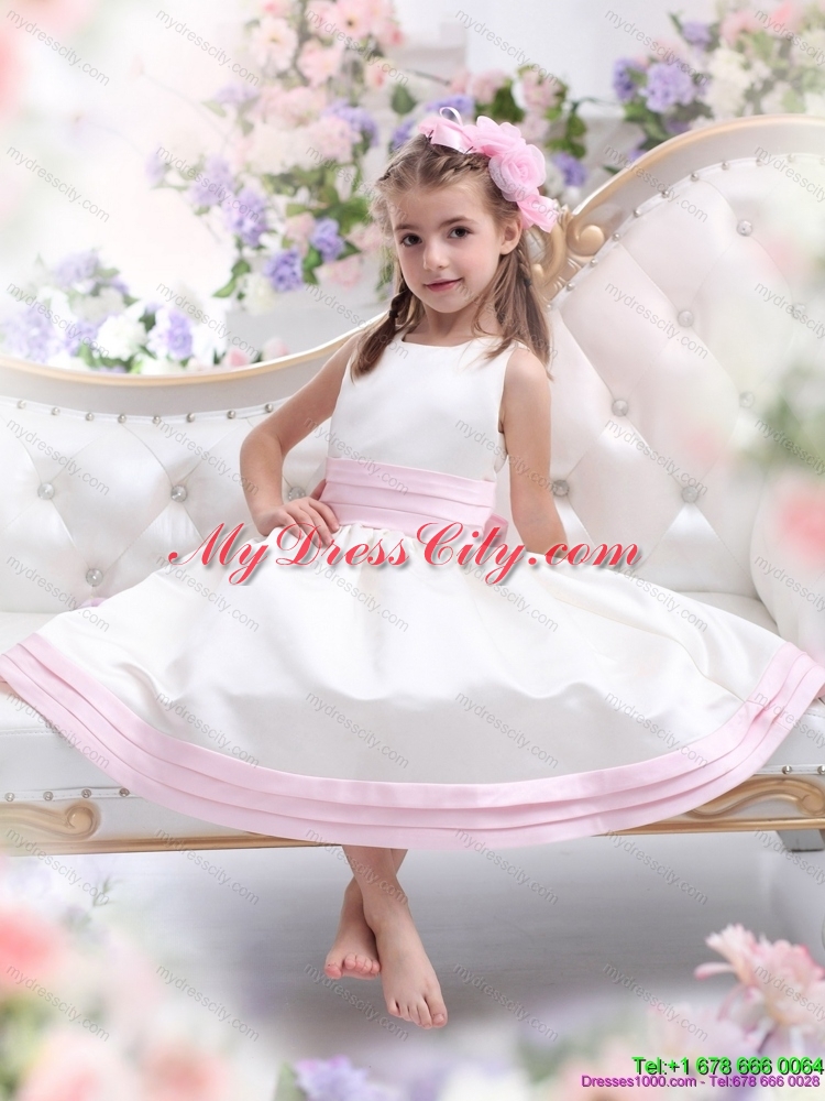 Latest White Scoop Flower Girl Dress with Light Pink Bownot