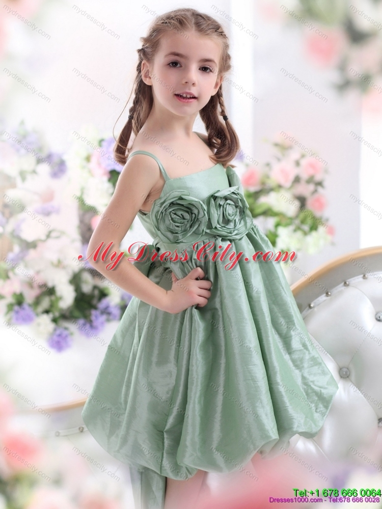 Unique Spaghetti Straps Girls Party Dresses with Waistband and Hand Made Flower