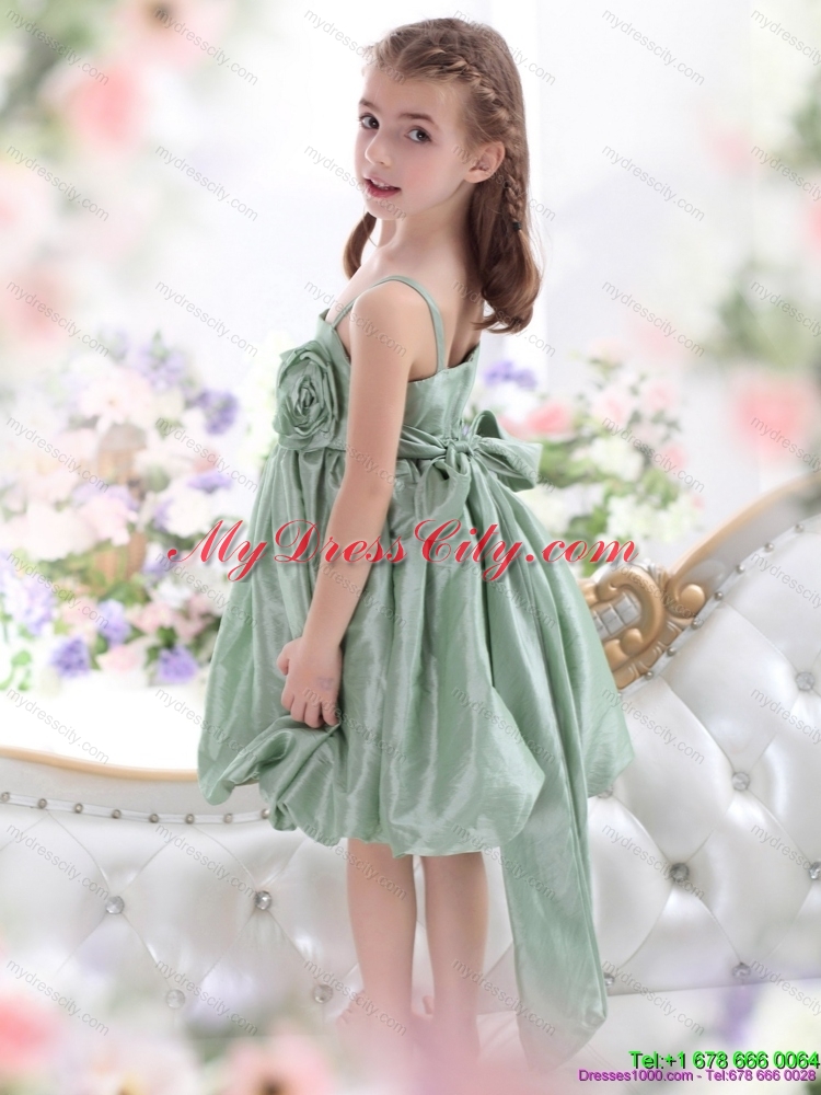 Unique Spaghetti Straps Girls Party Dresses with Waistband and Hand Made Flower
