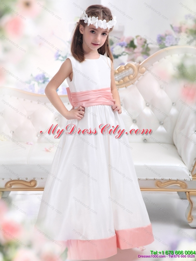 White Scoop 2015 Girls Party Dresses with Pink Waistband