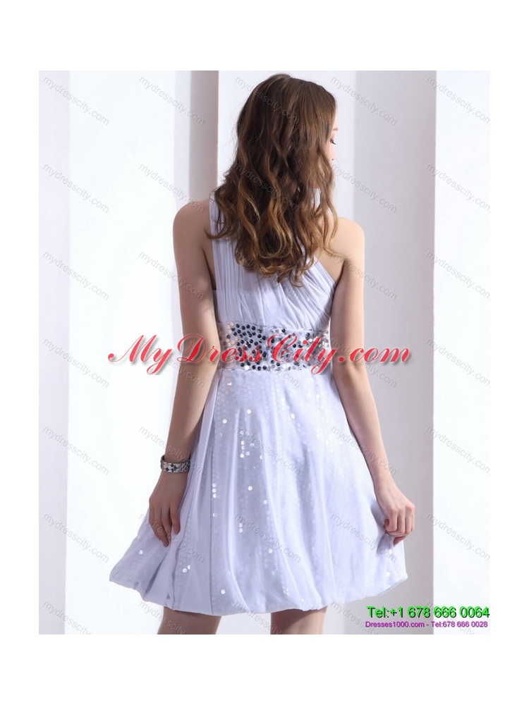 2015 Discount One Shoulder White Prom Dress with Ruching and Sequins