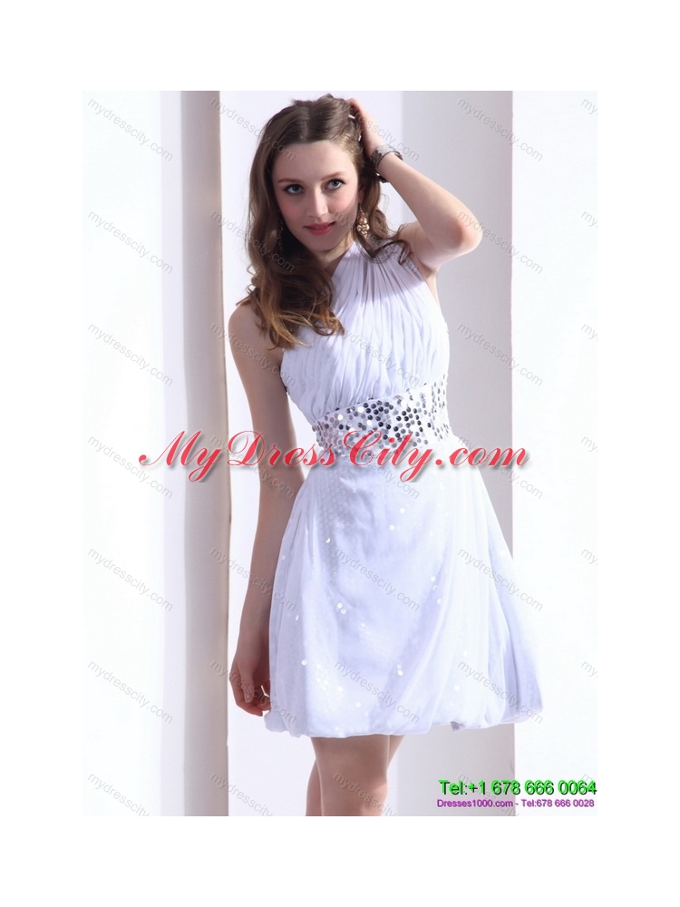 2015 Discount One Shoulder White Prom Dress with Ruching and Sequins