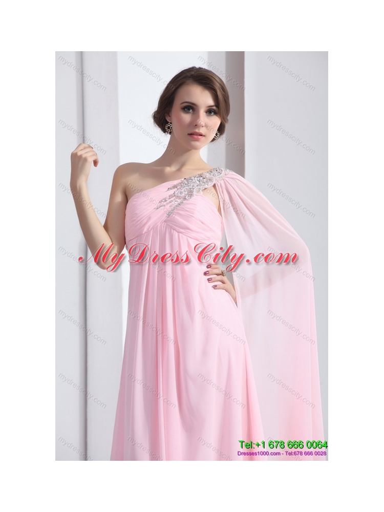 Perfect 2015 One Shoulder Baby Pink Prom Dress with Ruching and Beading