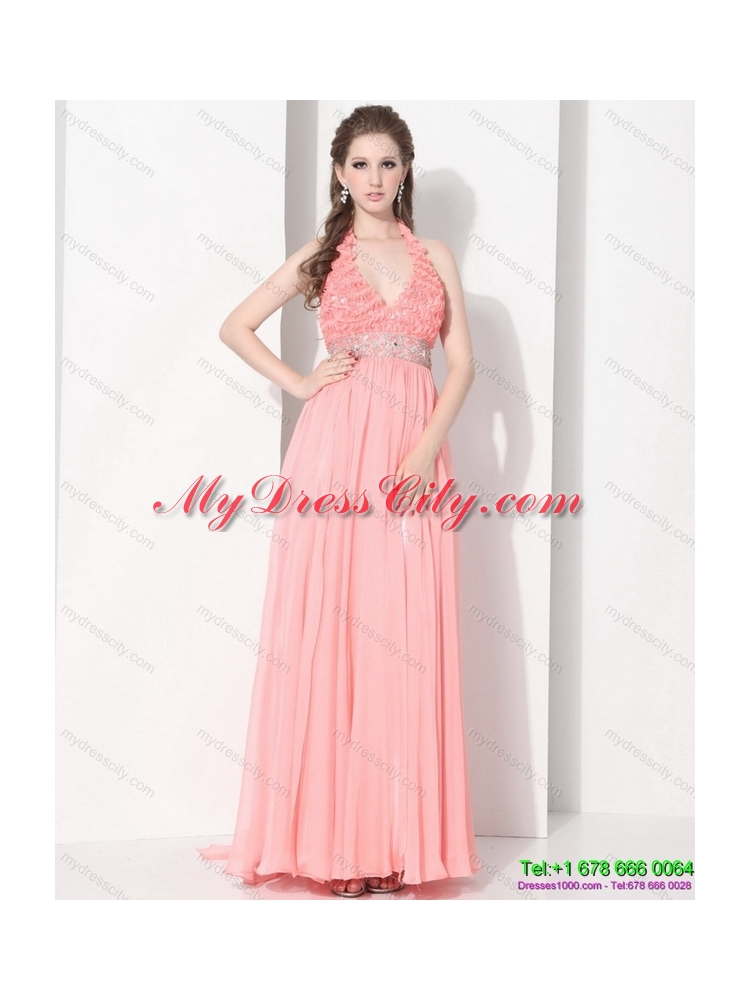 2015 Exclusive Halter Top Prom Dress with Beading and Ruching