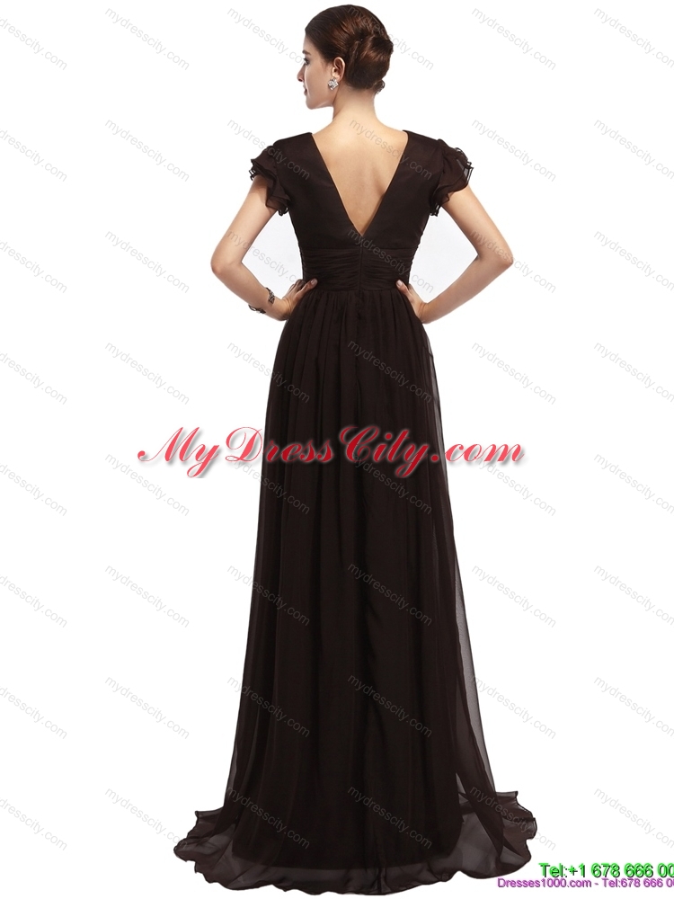 Popular Cap Sleeves and Brush Train 2015 Prom Dress in Black