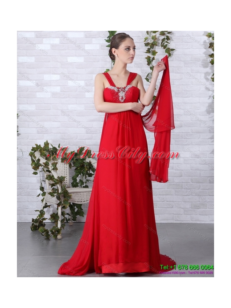 2015 Beautiful Empire Red Prom Dress with Brush Train and Beading