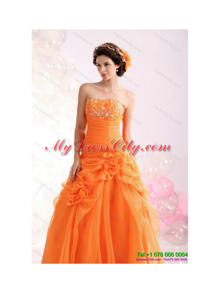 2015 Designer Strapless Orange Red Prom Dress with Hand Made Flowers and Beading