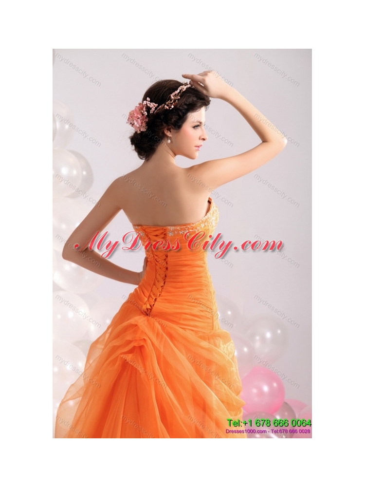 2015 Designer Strapless Orange Red Prom Dress with Hand Made Flowers and Beading