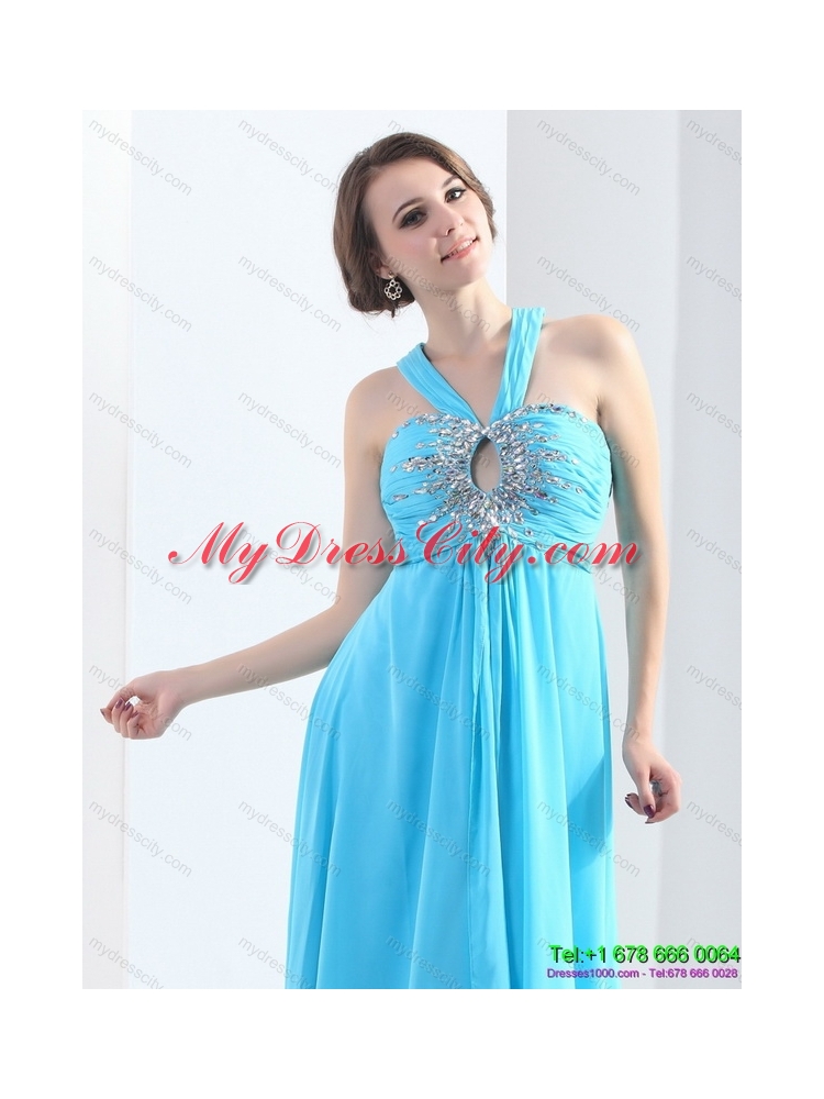 2015 Gorgeous Halter Top Floor Length Prom Dress with Ruching and Beading